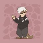  2022 absurd_res anthro barefoot black_nose brown_body brown_fur clothing digital_media_(artwork) feet fur hair hi_res hoodie louart lutrine mammal mustelid red_eyes simple_background solo standing topwear white_hair 