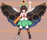  1girl arm_cannon asymmetrical_footwear atom bangs bird_wings black_sun black_wings blush bow breasts brown_background brown_hair cape caution cleavage closed_mouth collared_shirt commentary_request control_rod full_body green_bow green_skirt hair_between_eyes hair_bow karin_5420121 kneehighs large_breasts long_hair looking_at_viewer mismatched_footwear pixel_art pointing pointing_up radiation_symbol red_eyes reiuji_utsuho shirt sign simple_background skirt sleeveless sleeveless_shirt smile socks starry_sky_print subterranean_animism sun third_eye touhou weapon white_cape white_shirt wings 