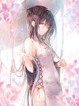 1girl bare_shoulders black_hair cherry_blossoms china_dress chinese_clothes cleavage_cutout clothing_cutout covered_navel cowboy_shot detached_sleeves dress hair_bun highres holding long_hair looking_at_viewer miwabe_sakura oil-paper_umbrella original parted_lips pelvic_curtain pink_eyes side-tie_peek sideless_outfit sleeveless sleeveless_dress solo standing tassel thighhighs umbrella white_dress white_thighhighs 