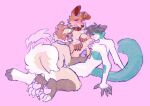  2022 5_fingers ambiguous_gender anthro belly biped birdpaw_(artist) blep blue_body blue_fur blush breath brown_fingers brown_hair brown_legs butt canid canine canis cheek_tuft chubby_anthro chubby_female collar countershade_face countershade_fur countershade_torso countershading digital_media_(artwork) digital_painting_(artwork) domestic_cat domestic_dog elbow_tuft facial_tuft fangs felid feline felis fingerless_(marking) fingers floppy_ears fur genitals glans green_body green_fur grey_ears grey_fingers grey_hair group hair hand_on_ground hand_on_penis handjob hands_on_ground hi_res humanoid_genitalia humanoid_hands humanoid_penis leg_markings male male/male mammal markings mera_(murrymera) nonbinary_(lore) orange_body orange_fur orgasm pawpads penile penis pink_background pink_nose purple_glans purple_pawpads purple_penis red_collar red_inner_ear red_nose red_tongue sex simple_background sitting slightly_chubby socks_(marking) tan_belly tan_body tan_countershading tan_fur teeth toeless_(marking) tongue tongue_out trio tuft two_tone_tail white_body white_butt white_countershading white_fur white_tail 