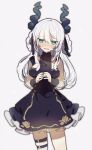 1girl :o black_dress black_horns blue_eyes blush breasts cleavage crying crying_with_eyes_open dress hair_between_eyes hair_rings highres horns long_hair looking_at_viewer medium_breasts mogmogyasai original simple_background solo standing tears thigh_strap white_background white_hair 