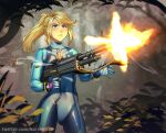  1girl absurdres alternate_weapon ass_visible_through_thighs blonde_hair blue_eyes bodysuit bullet commentary english_commentary firing gun heavy_machine_gun highres jungle m60 machine_gun mathias_leth metroid mole mole_under_mouth muzzle_flash nature parody plant rambo revision samus_aran serious solo standing thigh_gap tree weapon zero_suit 