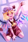 1girl \||/ absurdres arm_up ascot bangs beekan blonde_hair blood blood_on_face blood_on_hands collared_shirt commentary_request crystal fangs flandre_scarlet full_body hair_between_eyes hand_on_floor hat hat_ribbon highres looking_at_viewer medium_hair mob_cap open_mouth puffy_short_sleeves puffy_sleeves red_eyes red_footwear red_ribbon red_skirt red_vest ribbon shirt shoes short_sleeves sitting skirt smile socks solo touhou vest wariza white_shirt white_socks wings yellow_ascot 