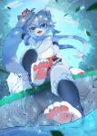  2022 4_fingers 4_toes absurd_res anthro asian_clothing barefoot blue_body blue_eyes blue_fur blue_hair blush canid canine canis claws clothed clothing cute_fangs east_asian_clothing fangs feet finger_claws fingers foot_focus fur hair haita happy hi_res kemono looking_at_viewer low-angle_view male male_anthro mammal open_mouth open_smile pawpads paws sitting smile smiling_at_viewer soles solo teeth toe_claws toes tongue tongue_out water white_body white_fur white_hair wolf 