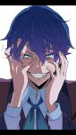  1boy akutoku_no_judgement_(vocaloid) black_robe blue_hair blue_ribbon collared_shirt crazy_eyes crazy_grin crazy_smile evil_eyes evil_grin evil_smile evillious_nendaiki glowing glowing_eyes grin hair_between_eyes highres judge kaito_(vocaloid) looking_at_viewer messy_hair open_collar partially_unbuttoned ribbon robe shirt smile solo teeth vocaloid white_background yamimiya 