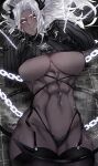  1girl abs black_sweater breasts chain cleavage commentary dark_skin demon_tail garter_straps grey_eyes helltaker highres horns judgement_(helltaker) large_breasts long_hair long_sleeves looking_at_viewer lying march_ab muscular muscular_female navel no_bra on_back pentagram solo sweat sweatdrop sweater tail thong twitter_username underboob upper_body white_hair 
