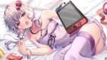  1girl :o bangs bare_shoulders bed_sheet bracelet collarbone criss-cross_halter dress food hair_ornament hair_tubes halterneck holding holding_food jewelry looking_at_viewer lying nintendo_switch omuretsu on_bed on_side open_mouth pocky purple_dress purple_eyes purple_hair purple_thighhighs short_dress short_hair_with_long_locks sidelocks sleeveless sleeveless_dress solo thighhighs voiceroid yuzuki_yukari 