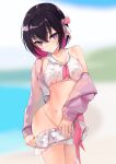  1girl absurdres azki_(hololive) beach bikini black_hair blurry blurry_background blush body_markings colored_inner_hair depth_of_field hair_ribbon highres hololive jacket jacket_partially_removed looking_at_viewer multicolored_hair off_shoulder pink_hair purple_eyes ribbon rifufu short_hair skirt solo star_tattoo swimsuit tattoo virtual_youtuber 