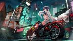  1girl bangs bare_shoulders black_cat black_gloves black_thighhighs breasts building cat city_lights closed_mouth commentary food_in_mouth forehead gloves gold_trim ground_vehicle hair_between_eyes half_gloves high_heels highres large_breasts looking_at_viewer mecha metropolis_(fritz_lang) motor_vehicle motorcycle night night_sky nr_noir outdoors parted_bangs pink_eyes purple_hair rabbit robot scenery science_fiction shorts sitting sky solo solo_focus suspender_shorts suspenders thighhighs thighs white_footwear 