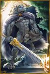  absurd_res animal_genitalia anthro blaidd_(elden_ring) bovid canid canine canis cape caprine clothing digitigrade elden_ring fromsoftware fully_sheathed genitals hi_res male mammal melee_weapon muscular rho_art scar sheath solo sword tagme video_games weapon wolf 