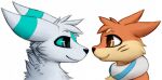  ambiguous_gender black_nose bloominglynx blue_body blue_ears blue_eyes blue_fur blue_sclera cheek_tuft closed_smile duo ears_back eye_contact facial_tuft fur head_tuft looking_at_another neck_tuft orange_body orange_fur orange_head_tuft pivoted_ears side_view simple_background tan_body tan_eyes tan_fur traditional_media_(artwork) tuft white_background white_body white_ears white_fur white_head_tuft 