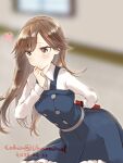  1girl arashio_(kancolle) arashio_kai_ni_(kancolle) arms_behind_back blurry blurry_background brown_eyes brown_hair cobin commentary_request cowboy_shot dated dress gift highres kantai_collection leaning_forward long_hair long_sleeves pinafore_dress shirt solo standing twitter_username white_shirt 