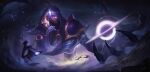  1boy absurdres armor dark_cosmic_jhin fzed glowing glowing_eye highres hood hood_up jhin league_of_legends looking_at_viewer male_focus mask shoulder_plates solo space upper_body 