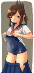  1girl blue_one-piece_swimsuit blue_sailor_collar blue_skirt brown_eyes brown_hair clothes_lift commentary_request contrapposto covered_navel dated grey_background i-401_(kancolle) kantai_collection medium_hair neckerchief one-hour_drawing_challenge pleated_skirt ponytail ray.s red_neckerchief sailor_collar sailor_shirt school_swimsuit school_uniform serafuku shirt shirt_lift short_ponytail sidelocks skirt solo standing swimsuit tan two-tone_background undressing 