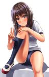  1girl bangs black_buruma black_hair blush brown_eyes buruma commentary_request gym_shirt gym_uniform knee_up kneehighs long_hair looking_at_viewer original panties panty_peek parted_lips shirt short_sleeves sidelocks simple_background sitting socks thighs underwear v white_background white_footwear white_panties white_shirt yukemuriganmo 