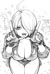  angel_(kof) boots bra breasts chaps cowboy_boots cropped_jacket finger_horns fingerless_gloves gloves hair_over_one_eye highres index_fingers_raised jacket large_breasts leaning_forward leather leather_jacket monochrome snk strapless strapless_bra takumi_watanuki the_king_of_fighters the_king_of_fighters_xiv toned underwear white_hair 