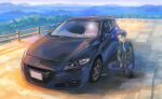  1boy black_footwear blue_hair blue_pants car closed_mouth commentary_request green_jacket ground_vehicle highres honda honda_cr-z jacket male_focus momo_hiki motor_vehicle open_clothes open_jacket original outdoors pants personification shoes smile sneakers solo vehicle_focus 