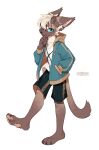  anthro blue_eyes bottomwear clothing depravedstar domestic_cat felid feline felis hair hi_res inner_ear_fluff jacket male mammal neck_tuft pawpads portrait ragdoll_cat shorts simple_background solo topwear tuft white_background white_hair 