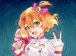  1girl :d bangs blonde_hair bow brown_hair cleavage_cutout clothing_cutout fingerless_gloves freyja_wion gloves green_eyes hair_between_eyes hair_bow hair_ornament half_gloves heart heart_hair_ornament holding holding_microphone macross macross_delta medium_hair microphone multicolored_hair multicolored_nails nail_polish necktie one_side_up open_mouth pink_bow pink_nails red_nails shiny shiny_hair short_necktie smile solo sparkle two-tone_hair upper_body white_gloves white_necktie yoshimi_(ysm_8883377) 
