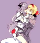  2girls bad_id bad_twitter_id black_bow blonde_hair blush bow closed_eyes cone_hair_bun double_bun eyewear_on_head facing_another from_side gloves grey_hair hair_bow hair_bun hairband hand_on_another's_ass hand_on_another's_face heart highres hololive hololive_indonesia kaela_kovalskia kaela_kovalskia_(1st_costume) kiss long_hair long_sleeves medium_hair multiple_girls osushiotyaotaku purple_background red_gloves red_hairband sitting sitting_on_lap sitting_on_person sketch very_long_hair vestia_zeta vestia_zeta_(1st_costume) virtual_youtuber yuri 