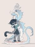  anthro asian_mythology black_hair blue_hair claws depravedstar domestic_cat dragon duo east_asian_mythology eastern_dragon embrace felid feline felis feral finger_claws fur grey_body grey_fur hair hi_res horn hug hybrid mammal mythology pawpads simple_background 