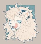  accessory anthro blue_eyes depravedstar fangs felid fur fur_markings hair hair_accessory hairclip headshot_portrait hi_res inner_ear_fluff licking licking_lips lion mammal markings pantherine portrait simple_background solo tongue tongue_out tuft white_body white_fur white_hair 