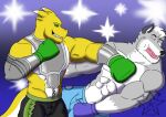  anthro armor armwear blue_bottomwear blue_clothing blue_shorts bottomwear boxing boxing_gloves canid canine canis clothing digital_drawing_(artwork) digital_media_(artwork) duo face_punch fafnir_stardust_(artist) fur green_sclera handwear male mammal multicolored_body multicolored_fur muscular muscular_male punch reptile scales scalie shaded shorts simple_background snake sport two_tone_body two_tone_fur two_tone_scalie wolf yellow_body yellow_scales 