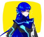  0_0c0ff 1boy androgynous asymmetrical_hair bangs black_bodysuit blue_bodysuit blue_hair bodysuit border closed_mouth eyelashes glowing hair_ornament long_hair looking_to_the_side male_focus protagonist_(smtv) shin_megami_tensei shin_megami_tensei_v shiny shiny_hair twitter_username upper_body white_border yellow_background yellow_eyes 