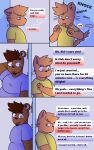  anthro brown_body brown_fur brown_hair clothed clothing comic digital_media_(artwork) domestic_cat duo ear_piercing english_text felid feline felis fur hair heterochromia hi_res klenn_(sleepywozzy) male male/male mammal matt_(sleepywozzy) mature_anthro mature_male open_mouth overweight overweight_anthro overweight_male piercing red_eyes simple_background sleepywozzy smile text topwear ursid 