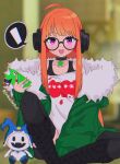  1girl ahoge bare_shoulders black-framed_eyewear black_camisole black_thighhighs blurry blurry_background camisole cellphone character_doll collarbone commentary doll fur-trimmed_jacket fur_trim glasses green_jacket headphones highres holding holding_phone indoors jack_frost jacket joshuathefruit long_hair long_sleeves looking_at_viewer off_shoulder open_clothes open_jacket open_mouth orange_hair persona persona_5 phone pink_eyes sakura_futaba shirt sidelocks sitting smile solo straight_hair thighhighs twitter_username white_shirt 