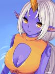  big_breasts blush breasts cleavage close-up clothed clothing cloudlegs dress female hair hi_res horn horned_humanoid humanoid humanoid_pointy_ears league_of_legends long_hair ponytail purple_body purple_skin riot_games smile solo soraka tattoo video_games water white_hair yellow_eyes 