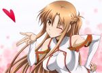  1girl asuna_(sao) blowing_kiss braid breasts brown_eyes brown_hair covered_nipples detached_sleeves dress french_braid heart kiss large_breasts long_hair looking_at_viewer one_eye_closed sanada_sei solo straight_hair sword_art_online tight upper_body white_dress white_sleeves 