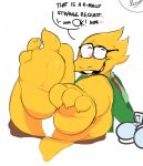  2022 3_toes alphys anthro blush buckteeth clothing deltarune embarrassed eyewear feet female foot_focus glasses hi_res humanoid_feet lizard panties reptile scales scalie simple_background sitting soles solo teeth toes twistedfurby undertale_(series) underwear upskirt video_games white_background yellow_body yellow_scales 