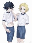 2boys absurdres androgynous arm_behind_back bangs bishounen black_hair blonde_hair blue_shorts brown_eyes clothes_lift forehead green_eyes gym_uniform hair_between_eyes hand_on_hip hand_up highres lifted_by_self light_smile looking_at_viewer male_focus messy_hair multiple_boys navel original parted_lips shirt_lift short_hair short_sleeves shorts signature simple_background socks standing white_background white_socks yo4zai 