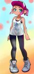  1girl :3 arms_at_sides bare_shoulders baseball_cap black_bra black_leggings blue_eyes blush bra breasts cleavage closed_mouth clothes_writing collarbone commentary cross-laced_footwear full_body gradient gradient_background happy hat highres leggings light_blush looking_at_viewer nu_(ura_mya_pain) octoling octoling_girl pigeon-toed pink_hair pink_headwear ponytail shiny shiny_hair shirt shoes short_hair sidelocks simple_background sketch sleeveless sleeveless_shirt small_breasts smile solo splatoon_(series) standing tentacle_hair tentacles underwear white_footwear white_shirt 