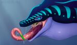  ambiguous_gender artist_name blep blue_body blue_stripes bodily_fluids dragon duo fur furred_dragon glistening glistening_eyes green_body green_tongue hi_res in_mouth kolaa mouth_shot narrowed_eyes neck_bulge one_eye_closed open_mouth oral_vore pupils red_tongue saliva saliva_on_tongue saliva_string simple_background slit_pupils striped_body stripes tongue tongue_out vore white_body white_fur 
