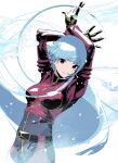  1girl belt blue_hair bodysuit breasts cofffee cowboy_shot cryokinesis gloves kula_diamond long_hair looking_at_viewer purple_eyes simple_background small_breasts smile the_king_of_fighters white_background 