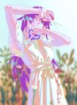  1girl alternate_costume armpits arms_up bakemonogatari blue_eyes blue_sky blurry blurry_background blurry_foreground breasts closed_mouth commentary_request depth_of_field dress eyelashes film_grain flower head_tilt highres holding lace_sleeves leaning_back long_hair medium_breasts monogatari_(series) one_eye_closed outdoors purple_hair rapa_rachi scissors senjougahara_hitagi shiny shiny_hair shiny_skin shirt short_sleeves sky sleeveless sleeveless_dress solo standing v-shaped_eyebrows white_shirt yellow_dress 