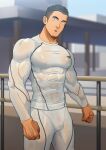  1boy bara bike_shorts black_hair blurry blush bulge clenched_hands compression_shirt covered_abs covered_navel covered_nipples cowboy_shot day depth_of_field facial_hair goatee gorou_naoki hair_slicked_back large_pectorals leg_hair long_sleeves looking_at_viewer male_focus muscular muscular_male navel_hair original outdoors paid_reward_available parted_lips pectorals see-through shiny shiny_clothes shirt short_hair shorts skin_tight solo standing taut_clothes taut_shirt very_short_hair wet wet_clothes white_shirt white_shorts wide-eyed 