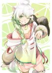  1girl absurdres ahoge animal animal_ear_fluff animal_ears animal_on_arm bare_shoulders black_choker border choker chromatic_aberration clothing_cutout eyelashes eyeshadow ferret fingernails food fruit gradient gradient_hair green_eyes green_eyeshadow green_hair green_nails heart highres kyo_(kuroichigo) laimu_(vtuber) light_green_hair lime_(fruit) lime_slice looking_at_viewer makeup multicolored_hair one_eye_closed patterned patterned_background paw_print pink_nails pink_ribbon ribbon single_bare_shoulder smile tail teeth thighhighs vinesauce virtual_youtuber white_border white_hair 