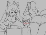  2021 anthro blush bodily_fluids bottomwear breasts butt clothed clothing down_blouse drinking_fountain drooling duo female greyscale hair hi_res hotpants leaning leaning_forward looking_down looking_up male male/female mammal monochrome nipples off_shoulder ponytail restricted_palette saliva shorts tongue tongue_out wbfactorynsfw 