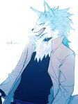 anthro blue_body blue_eyes blue_fur brand_new_animal canid canine canis clothing coat collar depravedstar fangs fur half-length_portrait hi_res male mammal neck_tuft portrait shirou_ogami simple_background solo studio_trigger topwear tuft white_background wolf 
