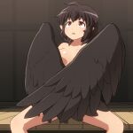  1girl bird_wings black_hair black_wings breasts completely_nude feathered_wings looking_up medium_breasts nude open_mouth pointy_ears red_eyes shameimaru_aya shirosato short_hair sitting solo touhou wings 