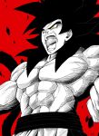  1boy abs absurdres black_hair body_fur dragon_ball dragon_ball_gt fighting_stance highres large_pectorals liedein male_focus monkey_boy monkey_tail monochrome muscular muscular_male open_mouth pectorals powering_up screaming son_goku spiked_hair super_saiyan super_saiyan_4 tail teeth topless_male yellow_eyes 