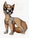  ambiguous_gender armor bloominglynx brown_body brown_ears brown_fur brown_head_tuft brown_tail cheek_tuft chest_tuft facial_tuft feral fur head_tuft headgear headphones headset hi_res mask neck_tuft quadruped signature simple_background solo traditional_media_(artwork) tuft white_background 