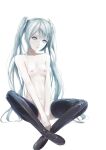  1girl bangs between_legs black_footwear blue_hair boots breasts closed_mouth covering covering_crotch expressionless hand_between_legs hatsune_miku highres indian_style long_hair malcolm_x_(artist) navel nipples nude simple_background sitting small_breasts solo thigh_boots twintails very_long_hair vocaloid white_background 