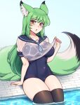  1girl absurdres animal_ears arm_support black_thighhighs blue_one-piece_swimsuit blush breasts brown_eyes collarbone commission fox_ears fox_girl fox_tail green_hair highres large_breasts looking_at_viewer one-piece_swimsuit original parted_lips school_swimsuit sitting solo swimsuit tail the_scarlet_devil thick_thighs thighhighs thighs water 
