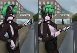  2022 anthro barbell_piercing breasts canid canine canis cellphone cigarette clothed clothing countershading digital_media_(artwork) domestic_dog ear_piercing female flashing flashing_breasts green_eyes green_hair hair hi_res holding_cigarette holding_object inviting jazz_(stargazer) mammal nipple_barbell nipple_piercing nipples outside phone piercing shiba_inu short_hair signature small_breasts smartphone smile solo spiky_hair spitz standing stargazer 