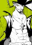  1boy abs absurdres closed_mouth coat collarbone cross cross_necklace dracule_mihawk facial_hair frown green_eyes greyscale hat hatching_(texture) highres jacket jewelry male_focus monochrome muscular muscular_male mustache necklace one_piece open_fly solo spot_color sword sword_on_back weapon weapon_on_back yotsumi_shiro 