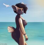  absurd_res african_wild_dog anthro beach butt canid canine claire_(xausr32) female flirting happy hi_res mammal nude playful public public_nudity seaside solo welive 